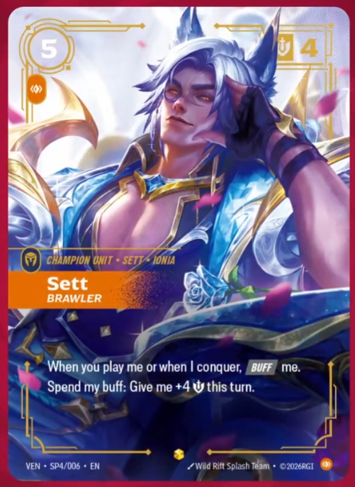 RiftboundReport's tweet photo. Sett Brawler will receive a Wild Rift Crystal Rose alt art skin in Vendetta!

#RBVendetta https://t.co/77r9VhSZSx