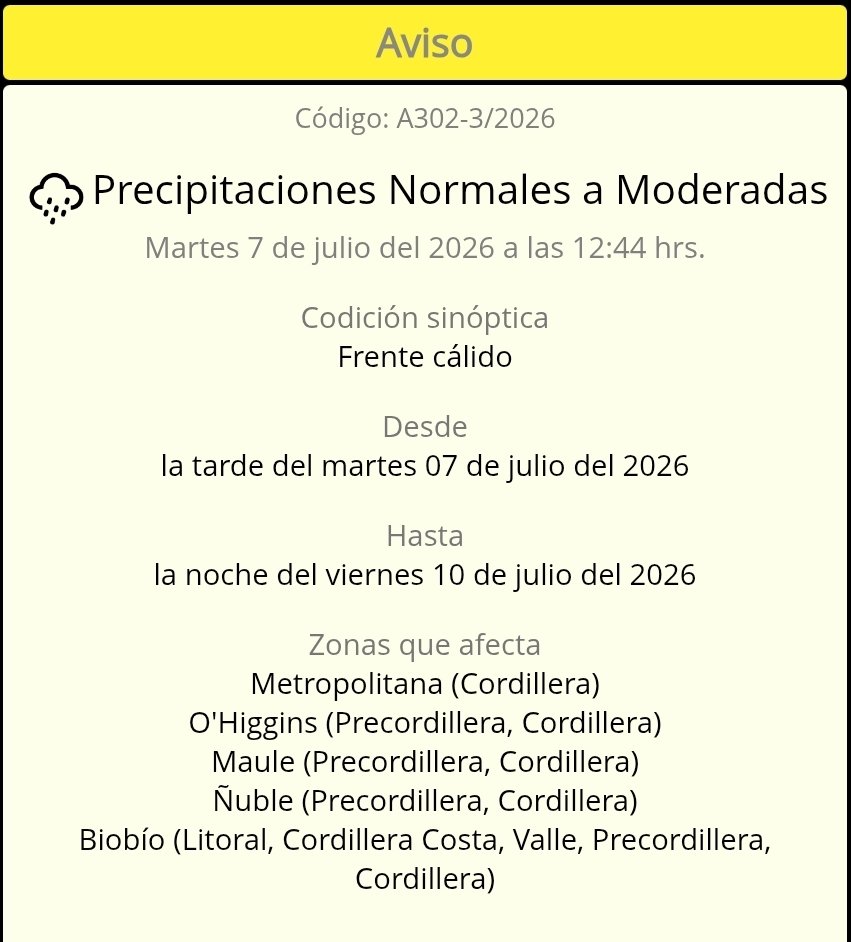 cristobalreus's tweet photo. Atentos con el aviso de 🌧🌧 extendido ahora tambien para la cordillera de la RM y la precordillera y cordillera de O'Higgins. 09 y 10 de Julio. Isoterma 0 entre 3.000 y 3.500 msnm. Precaución con el aumento del caudal de quebradas y rios y el riesgo de remociones en masa. https://t.co/MEHLo4QQdB