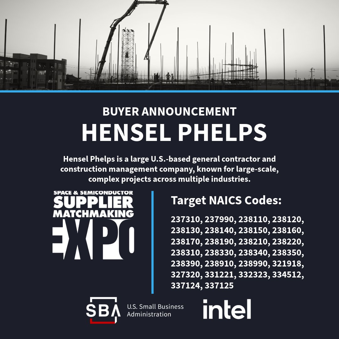 SBA_SCarolina's tweet photo. Announcing more buyers! 🚨Join us at the 2026 Supplier Matchmaking Expo on July 29th in Scottsdale, AZ from 10am-3pm for an opportunity to meet with these buyers and more!
For a full list of confirmed buyers or to register for the expo, visit 
https://t.co/EN9sIy1AiY. 
#SupplierMatchmakingExpo #USManufacturing #SupplyChainStrong #MadeInAmerica
@NASA @Boeing @intel  @HenselPhelps @NRCgov @Mlindler40 @SBAsoutheast