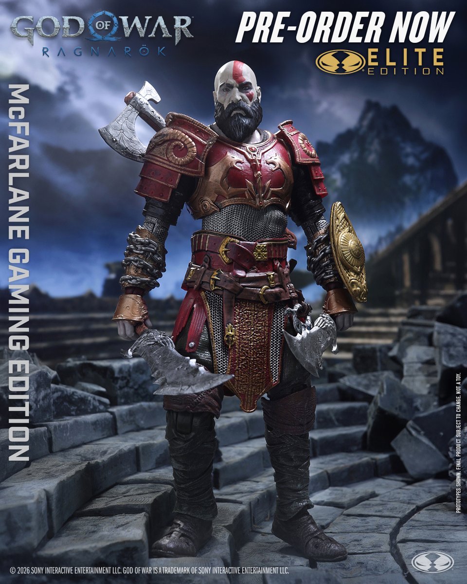 mcfarlanetoys's tweet photo. Kratos 7" deluxe action figure based on the God of War: Ragnarok video game is available for pre-order NOW at select retailers! ➡️ https://t.co/2xvbWJ3Ksw
      
This McFarlane Elite Edition action figure includes multiple weapon options (Blades of Chaos, Leviathan Axe, shield, Byfrost), 4 alternate hands, extra head, display base and art card and a McFarlane Elite points card.
  
#McFarlaneToys #SonyInteractiveEntertainment #PlayStation #Kratos #GodOfWar #GodofWarRagnarok