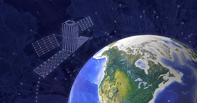La Terre observée depuis l’espace avec un satellite et une superposition de réseau numérique représentant l’observation de la Terre et la connectivité mondiale des données.