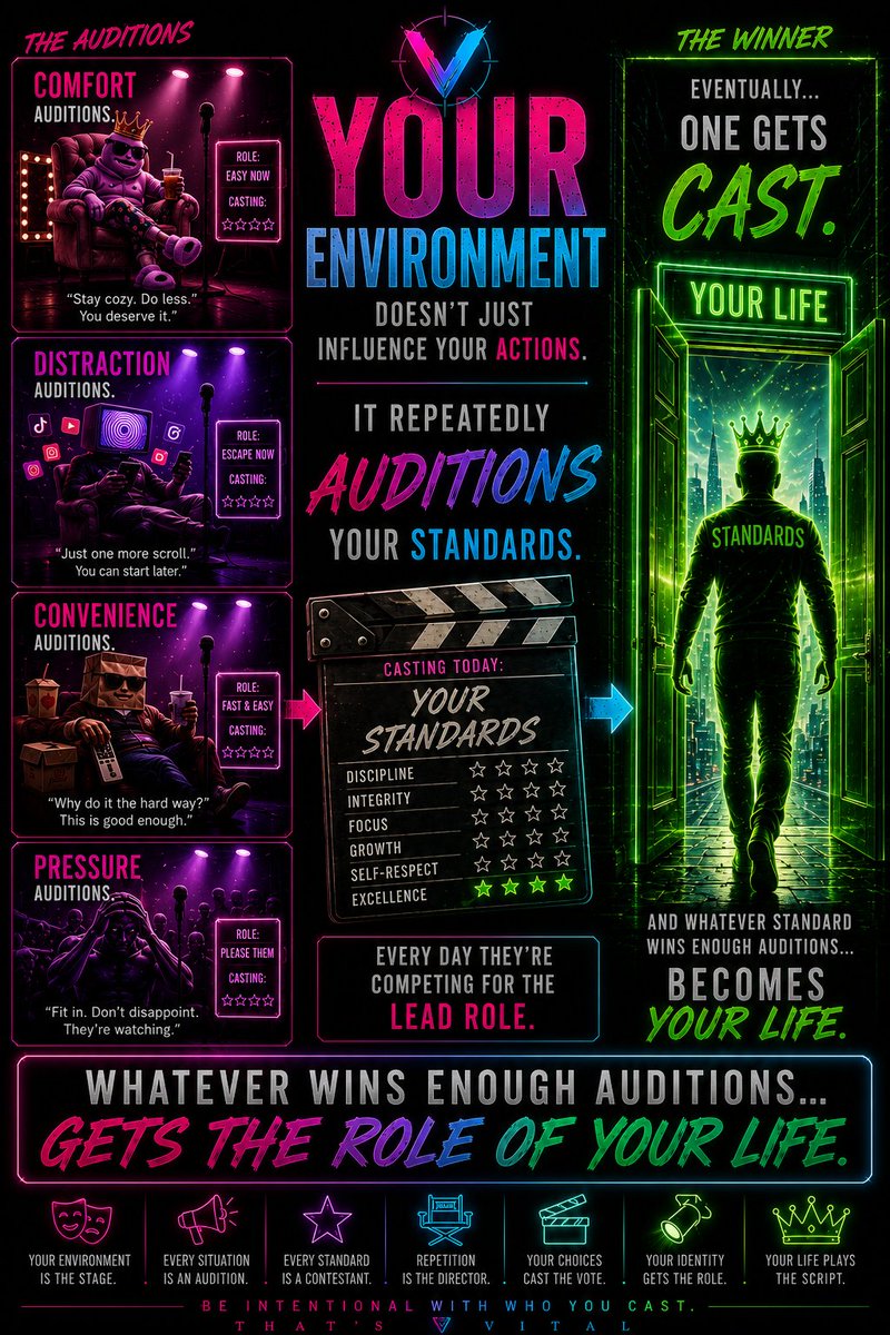 DarrylGHunter's tweet photo. Your environment isn't neutral. It's constantly casting votes for the person you'll become.
#ThatsVital #PersonalDevelopment #SelfAwareness #Mindset #Discipline #Standards #Environment #Identity #SelfLeadership #GrowthMindset #SuccessPrinciples #Psychology #Habits #Character #Consistency #Purpose #MentalModels #SelfMastery #Transformation #Wisdom