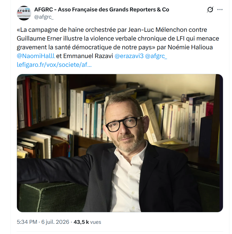 Manouck44's tweet photo. Derrière l'AFGRC (Asso Française des Grands Reporters), on retrouve un ancrage géopolitique très marqué : créée notamment par Noémie Halioua (ex-rédac chef de i24NEWS), elle est dirigée par J-M. Montali et E. Razavi. 
👉Un trio à la vision très alignée sur les intérêts d'Israël. https://t.co/lnNwTfm0Dw