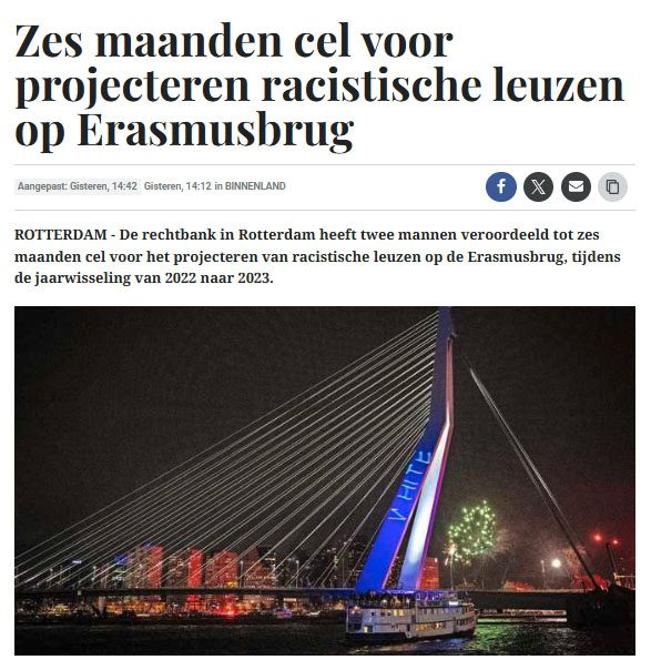 JosTeunissen2's tweet photo. 1/Politierechter acht de man die in augustus 2025 het Nationaal Monument op de Dam bekladde,schuldig aan beschadiging maar legt géén straf op. 
Maar:6 maanden cel (ONvoorwaardelijk!)voor 2 jongens die 'White Lives Matter' op de Erasmusbrug. projecteerden,dus ZONDER schade en maar https://t.co/OZMlAgZkBy