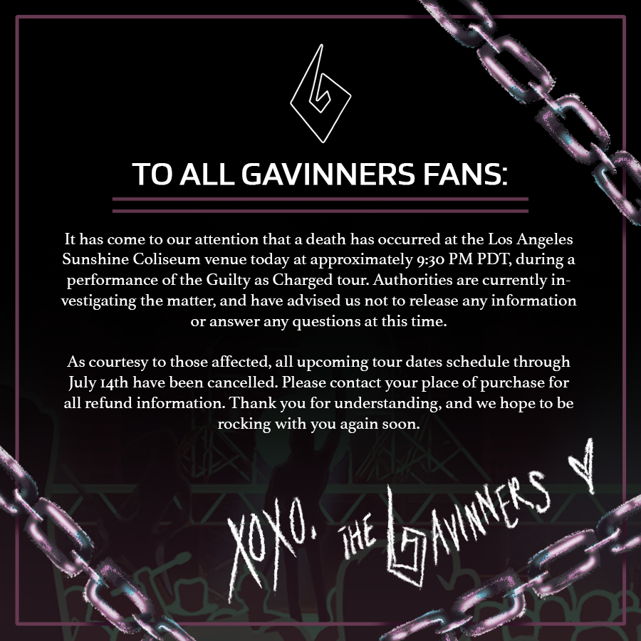 GavinnersBand's tweet photo. Attention:

The Gavinners have released the following public statement regarding the Sunshine Coliseum concert: https://t.co/EhoK9whOUW