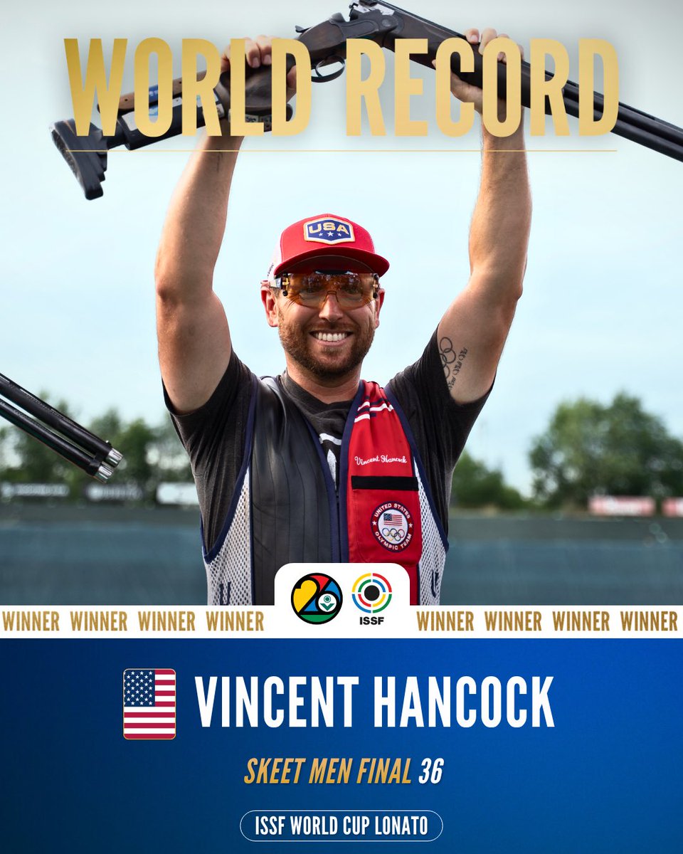 issf_official's tweet photo. 🐐🇺🇸 Vincent Hancock sets a NEW World Record

USA's shooting superstar hits 36, with teammate Christian Elliott taking silver. Erik Pittini kept the pace but takes bronze due to start number.

#ISSF #ShootingSport https://t.co/jq2MNIYwRp