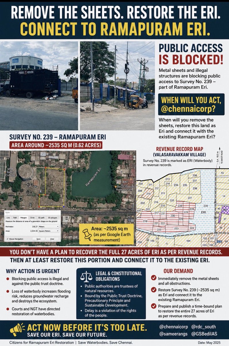 SocioKumar's tweet photo. @Thiru470 @issues_civic @RhevanthConnect @arivalayam @TVKVijayHQ @CMOTamilnadu @chennaicorp @rdc_south @sameerangs @GSBediIAS @TNCMHelpline @CmcellTamilNadu @MawsTamilNadu @chennaicorp When will you remove the metal sheets blocking public access and restore this area by reconnecting it to the existing Ramapuram Eri? If recovering the full 27 acres recorded in the revenue records is not your plan, please disclose the official restoration plan. https://t.co/XY7hu82AGG
