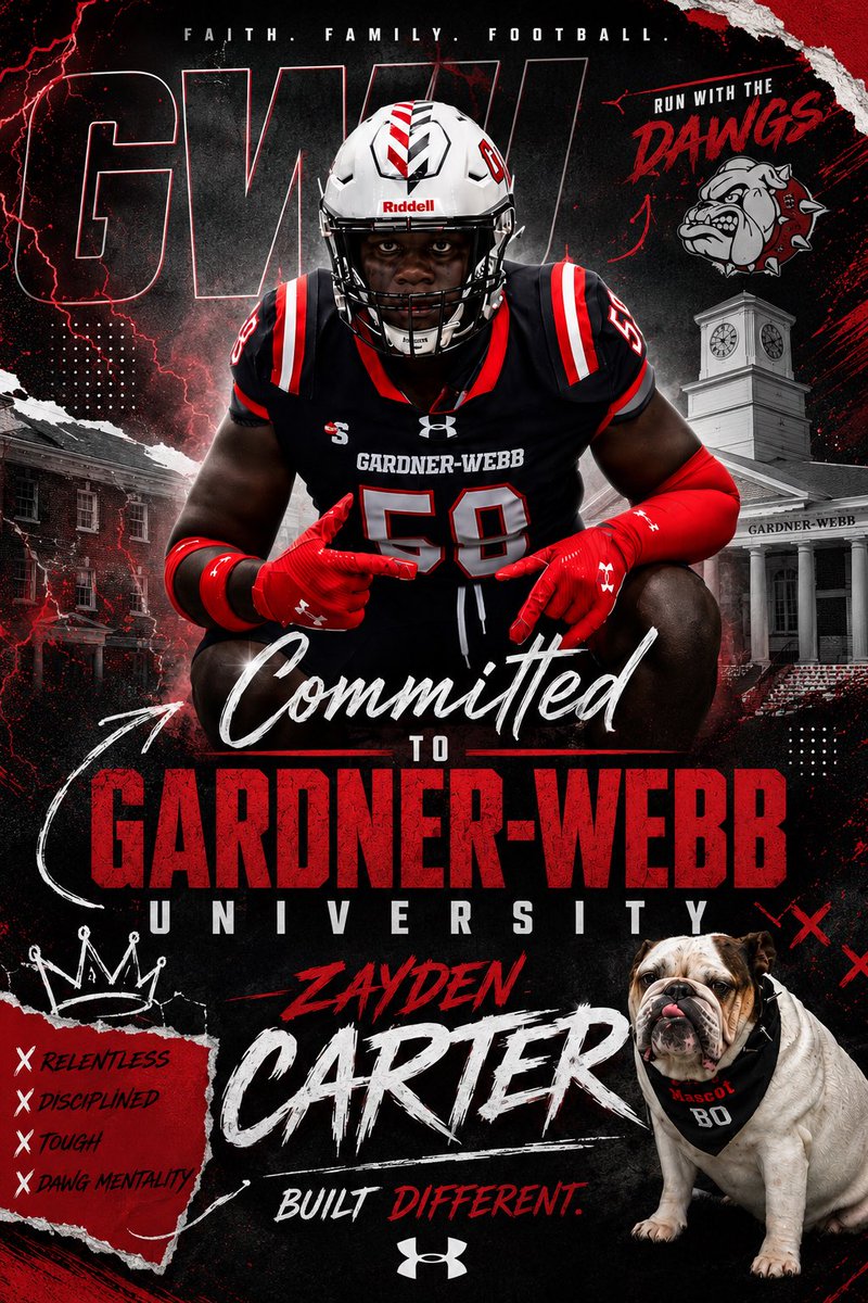 ZaydenCart99292's tweet photo. Blessed to say I am committed to THE Gardner Webb University! Thank the lord for everything without him nothing would be possible!!!! Much love to @CoachK__Mac @Mstout_3 and @Jorayemorrriso1 for making this possible!!! @DBoyzFootball @247Sports #AGTG @CoachShep_6 #committed https://t.co/XAM69ld0Ip
