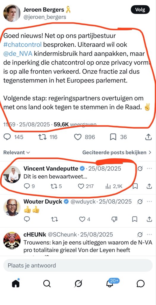 VincentVandep8's tweet photo. Ook de N-VA heeft dus vóór Chat Control gestemd. En dus tégen onze privacy.

Heel bijzonder, want nog geen jaar geleden pakte de partij er zelf mee uit dat het partijbestuur had beslist om zich tégen Chat Control te verzetten.

Ik reageerde toen met: “Dit is een bewaartweet.”

Wel, hier zijn we dan. Juli 2026. 

Voor mij is dit niets minder dan verraad. Verraad aan de eigen belofte. Verraad aan de eigen kiezers. 

Eerst publiek verklaren dat je tegen deze vorm van massasurveillance bent, om vervolgens achter de schermen het tegenovergestelde te doen.

Wie zo handelt, verliest niet alleen zijn geloofwaardigheid, maar ook het vertrouwen van de mensen die hen hebben geloofd.

Punt.

@de_NVA