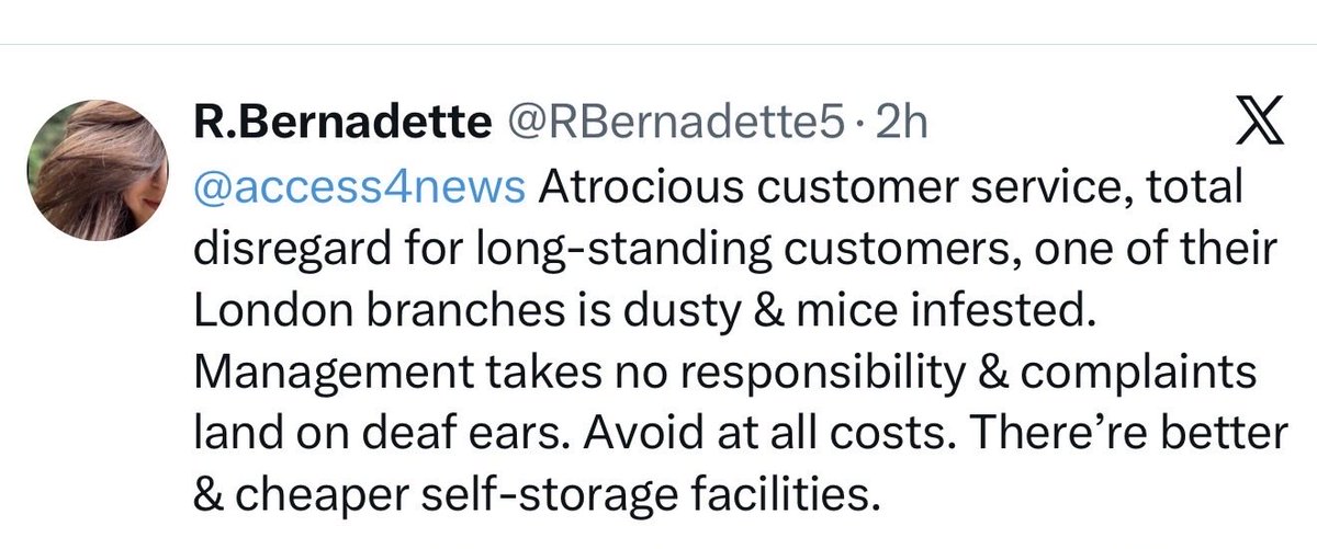 Ms_Bernadette's tweet photo. Avoid Access Self Storage Facilities at all costs. Consider other cheaper and better facilities available nationwide. Access self-storage has the worst customer service imaginable.  It’s a rip off for a mice infested facilities. https://t.co/93H60JE3pJ
