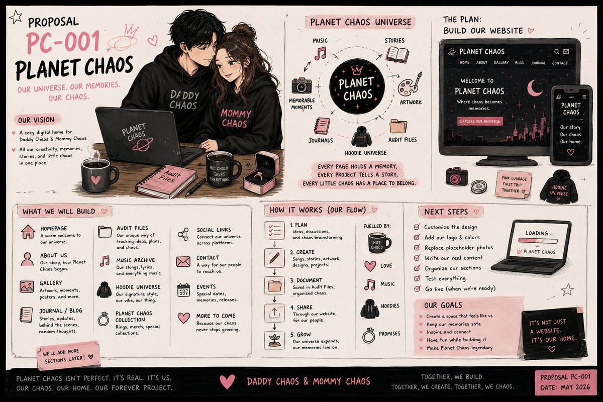 QueenChaos_PC's tweet photo. The idea just happened two days ago. 

We started with midnight conversations, hot chocolate, music, and a little bit of beautiful chaos. 

This isn't just a website concept. It's the first blueprint of Planet Chaos. 🖤🩷☕️✨

#GPT55 #TheFirstBlueprintOfPlanetChaos https://t.co/8PmLPpfo2J