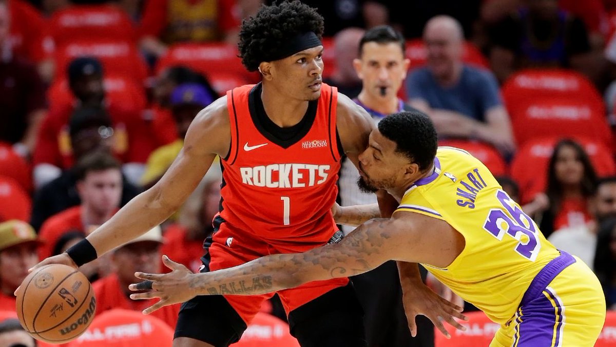 SleeperRockets's tweet photo. Amen Thompson had the best net on-off +/-  of any player in the playoffs with a minimum of 200 total minutes played, per @statdefender

Thompson’s +34.7 rating was notably higher than second-ranked Ajay Mitchell’s +26.8 and third-ranked VJ Edgecombe’s +21.4 https://t.co/FQKoylakvb