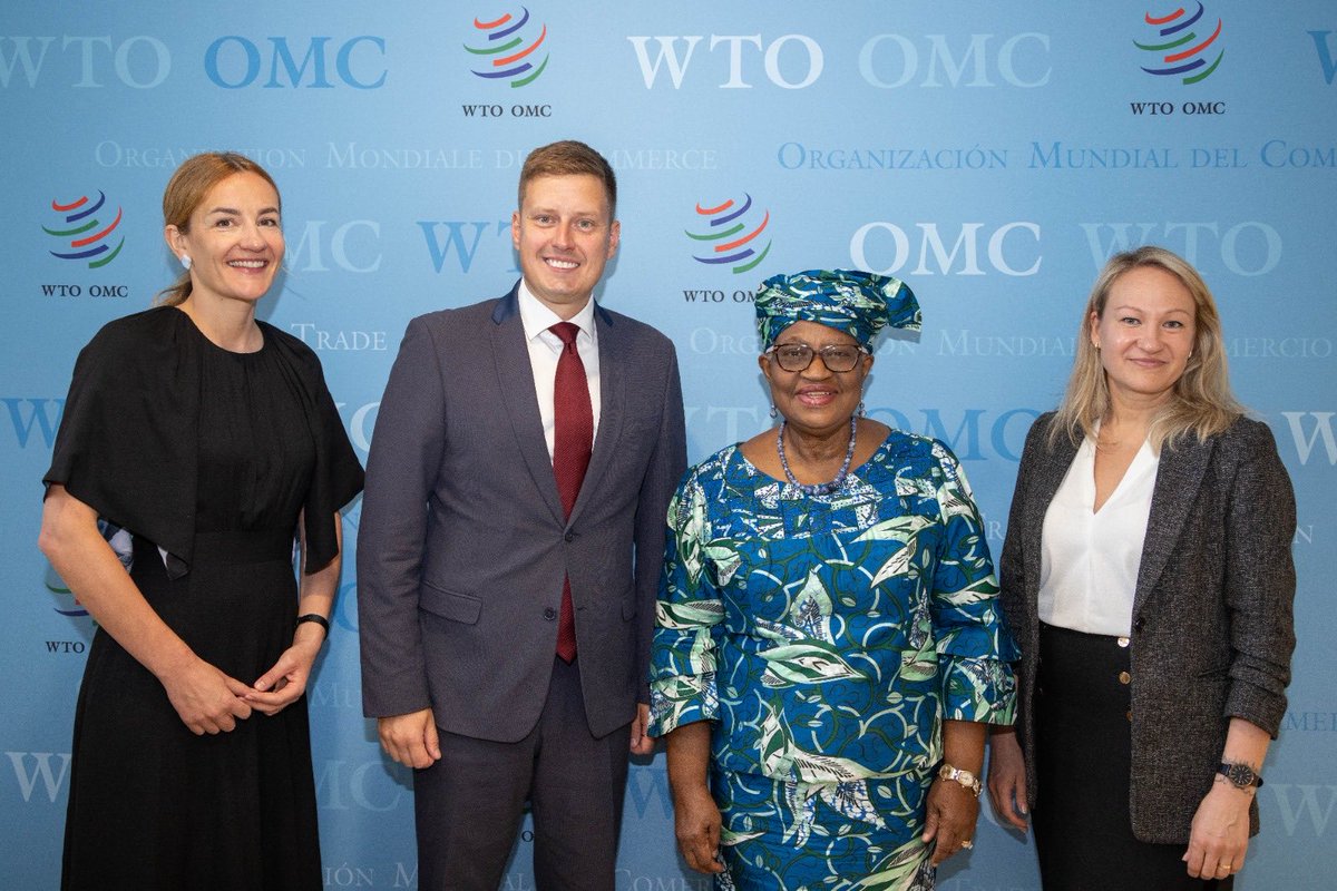 NOIweala's tweet photo. A very instructive meeting today with H.E. Mr. @ErkkiKeldo, Minister of Economy and Industry of Estonia, and his team including Deputy Permanent Representative, Mrs. Janne Kendla. Focused on the digital economy where Estonia‘s remarkable experience and knowledge is widely recognized. Also happy to meet with a group of Asian Scholars focused on WTO reform. Very insightful questions and a good exchange.