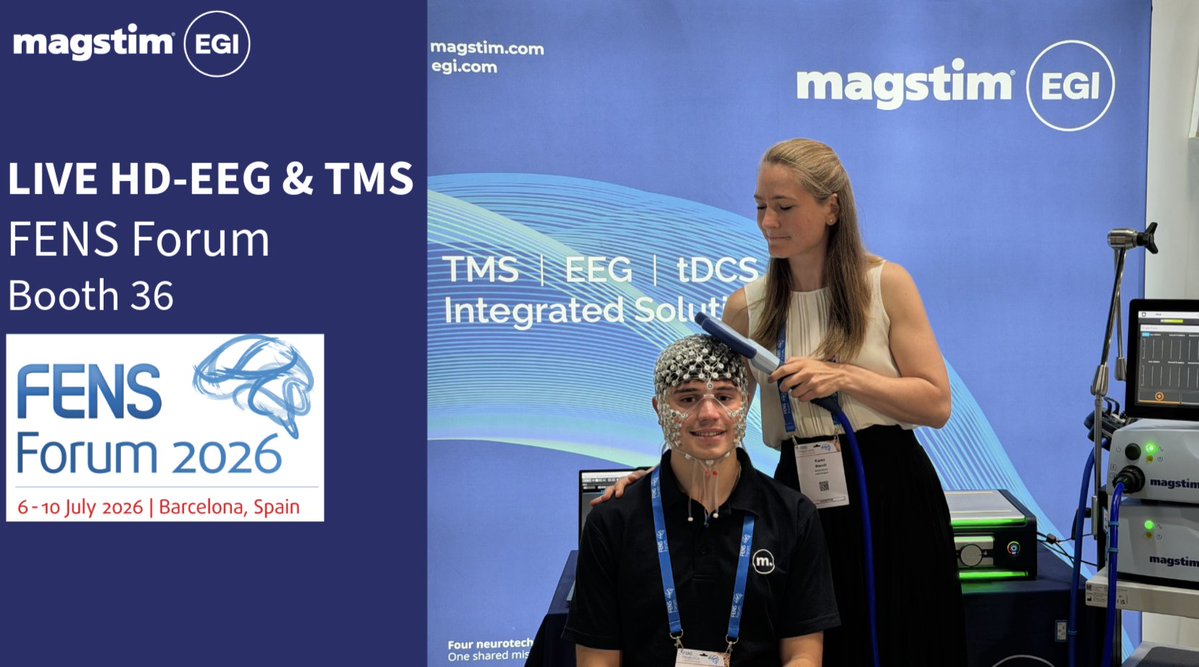 MagstimEGI's tweet photo. See integrated TMS-HD-EEG live at #FENS2026 @FENSorg! Visit Magstim EGI at Booth 36 for hands-on demos of the new GES 500 + Magstim Rapid. Explore the future of neuroscience research. #EEG #TMS https://t.co/MfD1vy4zYN