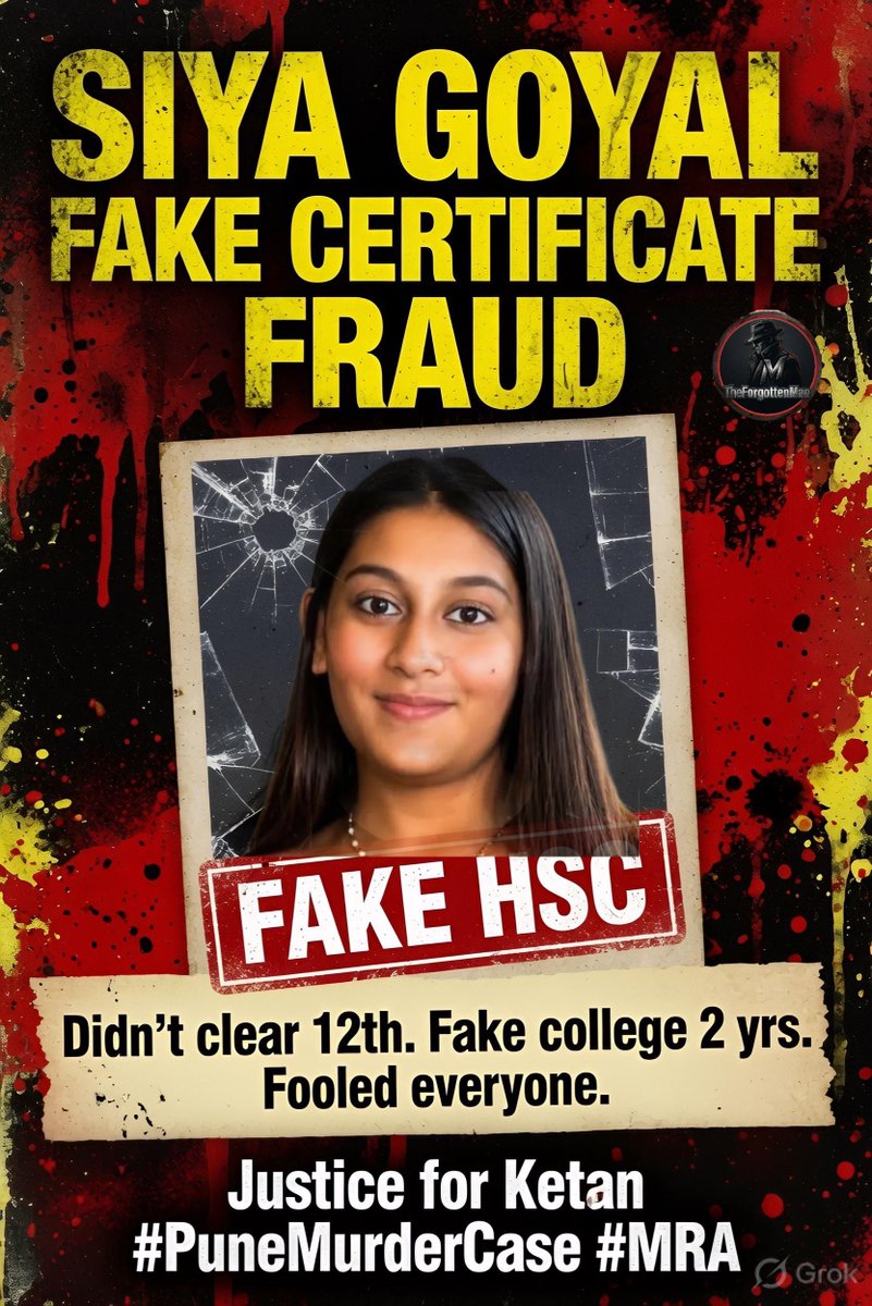 SamSiff's tweet photo. 🚨 EXPLOSIVE FRAUD EXPOSED IN SIYA-GOYAL CASE!
Siya allegedly carried a FAKE 12th Pass (HSC) Certificate!

Played the “I’m a Commerce college student” game for TWO YEARS — fooling her own parents too?

Her mother already admitted publicly: “She didn’t clear Class 12, had no interest in studies, so she started a cake business instead.” She claims she told Ketan’s family before engagement.
Now reports & claims surface of forged documents + fake college enrollment.

Ketan (MS Entrepreneurship, Babson College USA, Director in family real estate) was set to marry her in a ₹17 crore palace wedding. 

Families “knew each other 35 years”. 
Background verification? ZERO.

Secret lover Chetan, 4400+ calls, passport hidden, multiple murder attempts at Lohagad Fort… and now education fraud on top.

This is not just one case. 

This is the rotten reality how girls are being married in rushed arranged marriages, hidden pasts, fake certificates & families turning a blind eye for “status/money”.