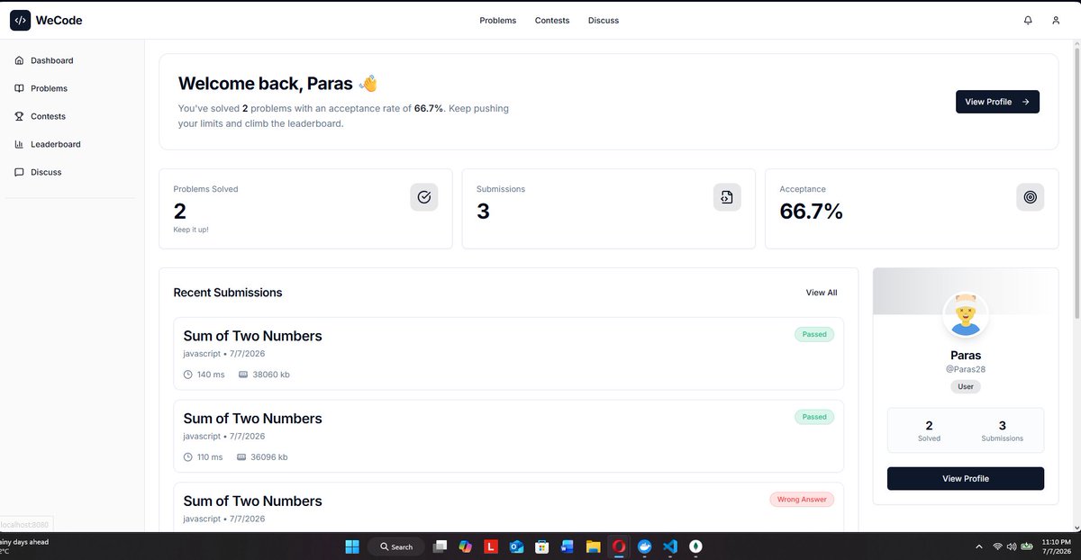 Parass227's tweet photo. Day 29 Dev Progress 🛠️

Full frontend day today

1) Fixed &amp; polished Dashboard and Profile UI
2) Recent submissions now visible across all problems in one place
3) Added problem filtering  search by name or filter by difficulty

#buildinpublic #webdev https://t.co/2V12hY0vQe