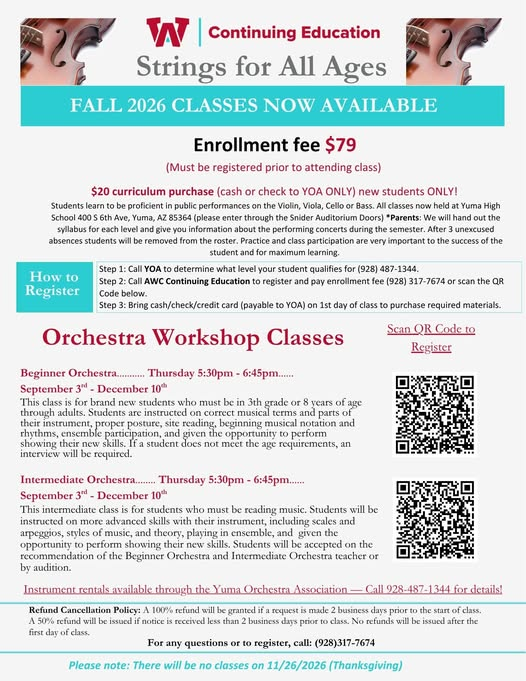 AWCCONTINUINGED's tweet photo. Fall 2026 Orchestra Classes Are Now Open!

Whether you're a beginner or ready for intermediate-level playing, join our orchestra program and grow your musical skills in a supportive ensemble setting.

📷 $79 enrollment fee + $20 curriculum (new students) https://t.co/FQl4tneGpR
