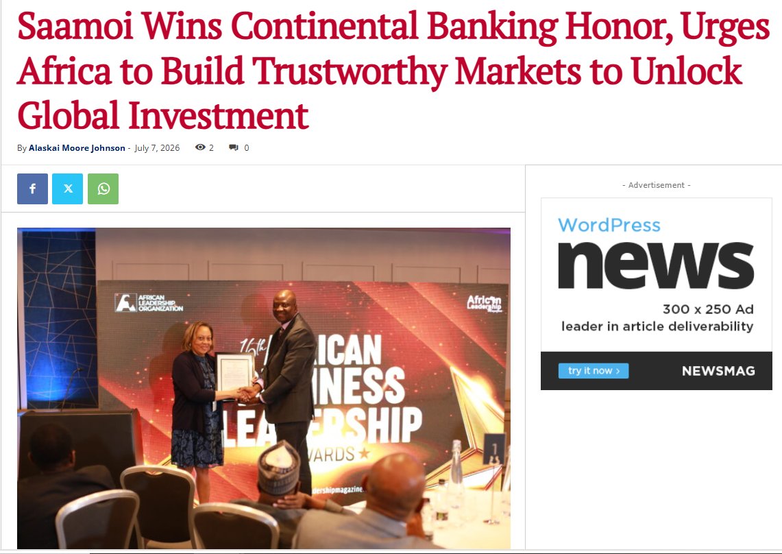 LiberianPost's tweet photo. X (Twitter)
#CBL Governor #HenryFSaamoi has won a prestigious continental banking award. He says Africa must build trustworthy financial markets to attract sustainable global investment. @CentralBankLib @mfdp_lib @AfricanLM
#Liberia #CBL #Africa #Investment #Banking https://t.co/4cfLPXV0Qt