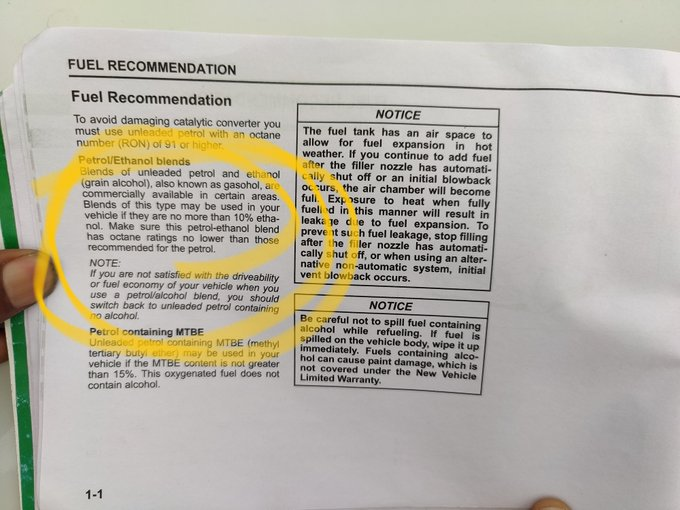 BhatIshwara's tweet photo. @HPCL Don't believe any misinfo either by Social media or by govt or govt controlled entities. 
Check owners' manual from your vehicle maker.
Check with insurance company.
Maruti Suzuki Swift DZire owner manual - Don't use anything above E10 on older vehicles. https://t.co/ka8kirF2vY
