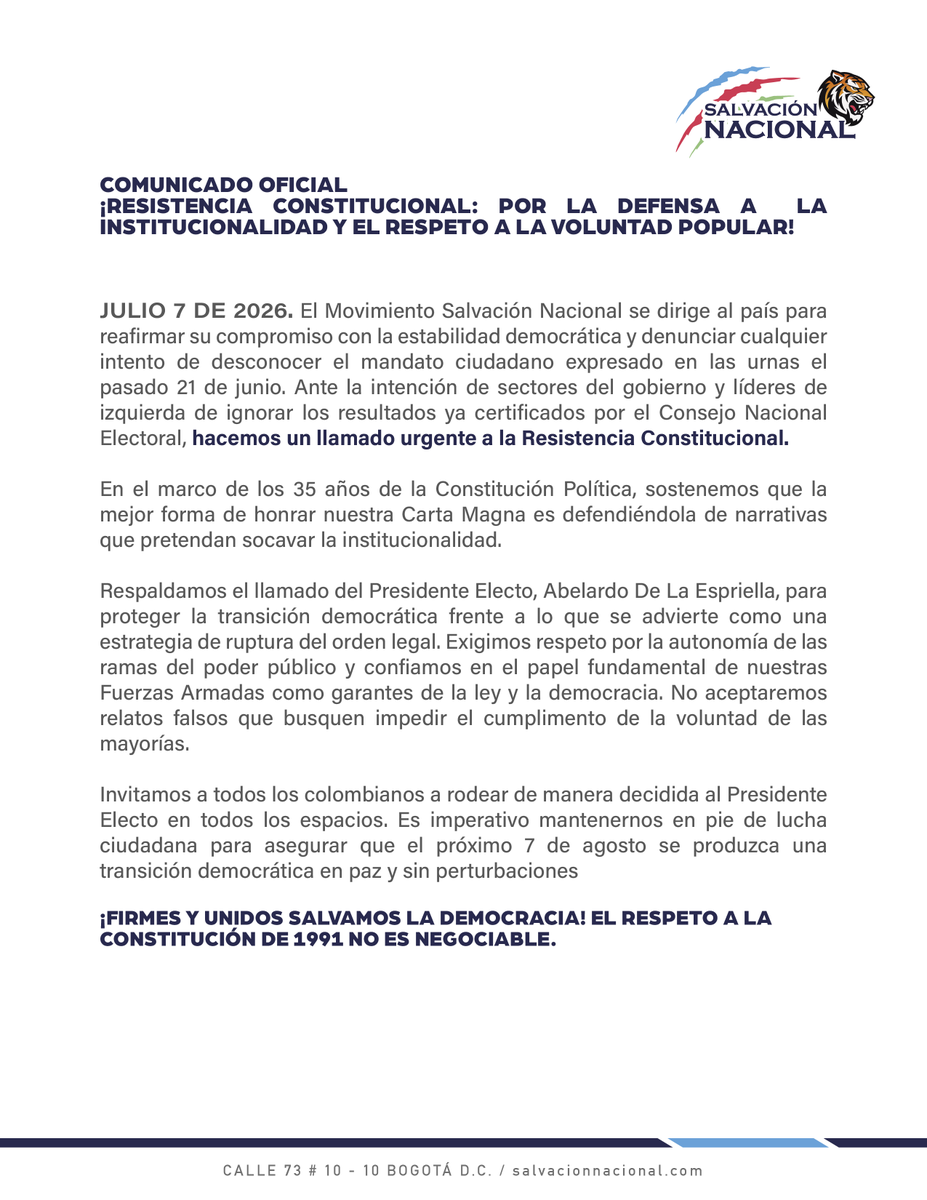 MovSalvacionNal's tweet photo. La voluntad de los colombianos expresada en las urnas debe respetarse. No aceptaremos ningún intento de desconocer la institucionalidad ni la transición democrática. 

¡La Constitución se defiende! https://t.co/cwH1OEzCjC