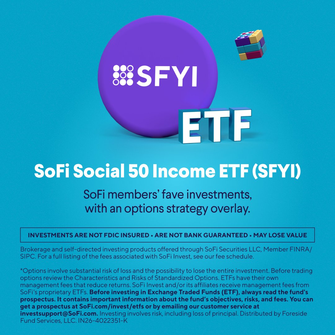 SoFi's tweet photo. What sets SFYI apart? It's the investments the SoFi community actually owns—now built to seek monthly income with an added options strategy.*

✅ Going after income?
✅ Going after growth too?
✅ Reflecting real SoFi investing?

Explore SFYI today ➡️ https://t.co/xt6k6TRNlv https://t.co/fXjf1sHCdA