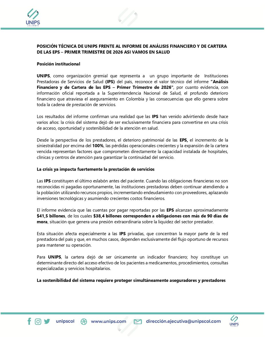 ColombiaUnips's tweet photo. La evidencia confirma que la crisis financiera del aseguramiento ya impacta la prestación de los servicios de salud. Desde UNIPS proponemos soluciones para recuperar el flujo de recursos, sanear la cartera y fortalecer la red prestadora. #UNIPS #IPS #Salud #Colombia https://t.co/cxrif1Gy13