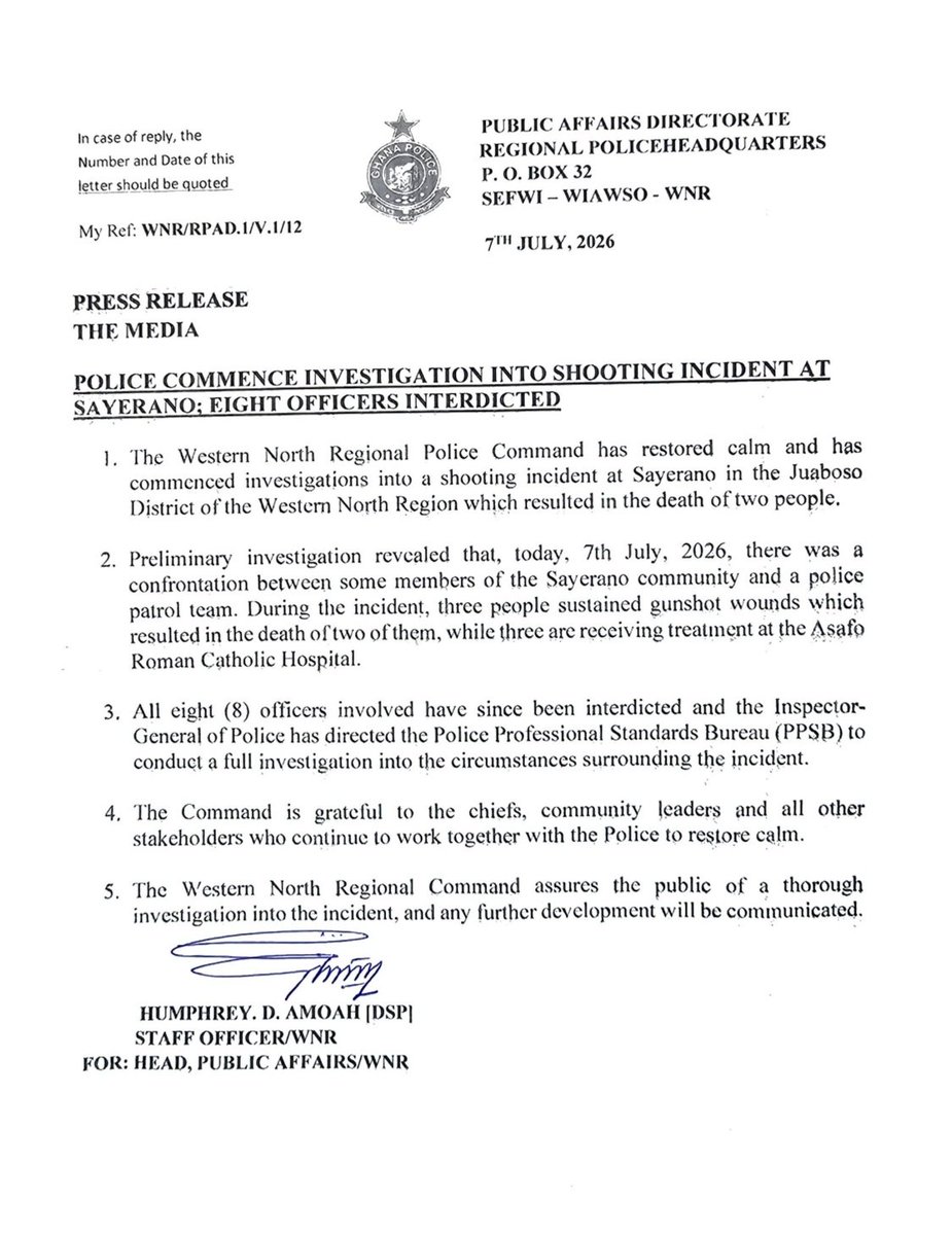 GhPoliceService's tweet photo. PRESS RELEASE:

POLICE COMMENCE INVESTIGATION INTO SHOOTING INCIDENT AT SAYERANO: EIGHT OFFICERS INTERDICTED https://t.co/RPGqkgXvdn