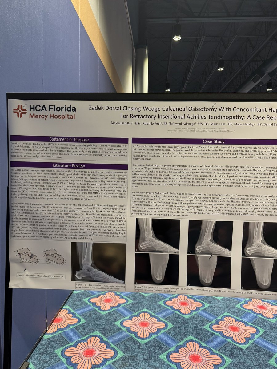 ylfpodiatry's tweet photo. 1/28/26 - 2/1/26 | Florida Podiatric Medical Association (FPMA) Science & Medical Symposium (SAM Conference) 2026: Zadek Dorsal Closing-Wedge Calcaneal Osteotomy Case Report & Poster Presentation

Proud to have presented my first scientific research poster at the Florida Podiatric Medical Association (FPMA) SAM Conference 2026 as a co-author and presenter. Our case report provided an opportunity to discuss current literature, clinical decision-making, and the application of minimally invasive surgical techniques for the treatment of insertional Achilles tendinopathy with physicians, residents, faculty, and fellow student doctors.

Presenting our case report at SAM 2026 was a rewarding milestone and an opportunity to engage with fellow students, residents, practicing podiatric physicians, and industry representatives while discussing current literature and evidence-based approaches to patient care. Experiences like these have strengthened my ability to evaluate clinical evidence, communicate scientific concepts, and appreciate the importance of collaboration in advancing patient care.

Thankful to my co-authors, faculty mentors, and the Florida Podiatric Medical Association (@FPMAtweets) for supporting student research and providing a platform to showcase our work. I look forward to carrying these experiences and perspectives with me throughout my career.

#SAM2026 #FPMA #PodiatricMedicine #ClinicalResearch #PosterPresentation