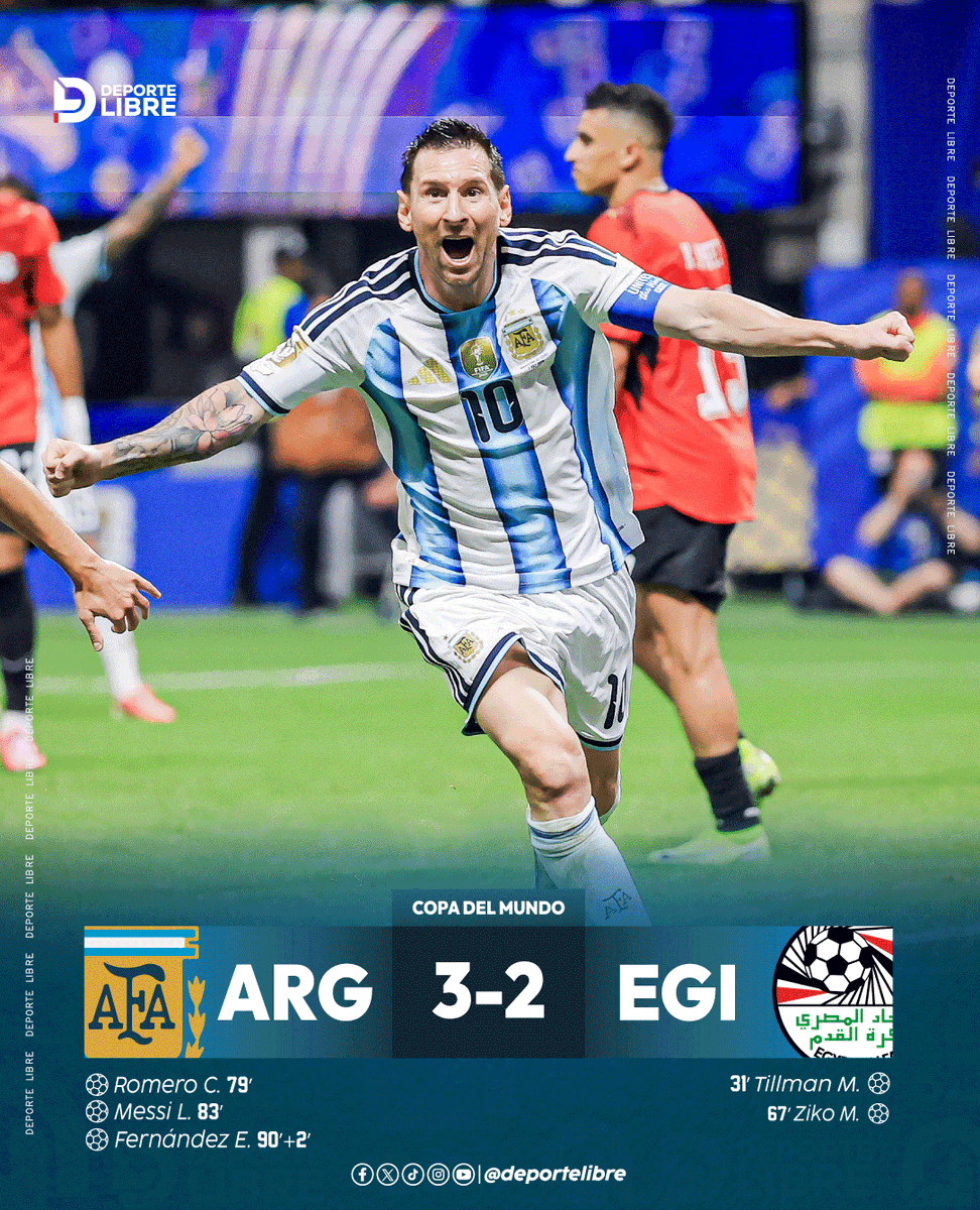 DeporteLibre_Pe's tweet photo. Argentina 🇦🇷 venció 3-2 a Egipto 🇪🇬 por los octavos de final de la Copa del Mundo, en el Mercedes-Benz Stadium (Atlanta, GA) ⚽🌍

Con este resultado, Argentina avanzó a los cuartos de final. 🔥

#Argentina #Egipto #CopaDelMundo #Fútbol #OctavosDeFinal https://t.co/e0Phydac0M