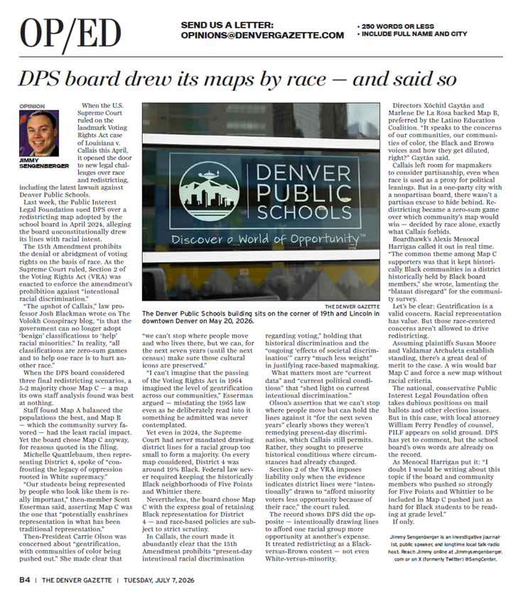 SengCenter's tweet photo. "Our students being represented by people who look like them is really important."

That's how one DPS board member justified the district's redistricting map.

Thanks to SCOTUS, those words are Exhibit A in a federal suit against DPS.

Today @DenverGazette:
🔗Link in comments👇

"(I)n a one-party city with a nonpartisan board, there wasn’t a partisan excuse to hide behind. Redistricting became a zero-sum game over which community's map would win — decided by race alone, exactly what Callais forbids."

#copolitics #VotingRightsAct