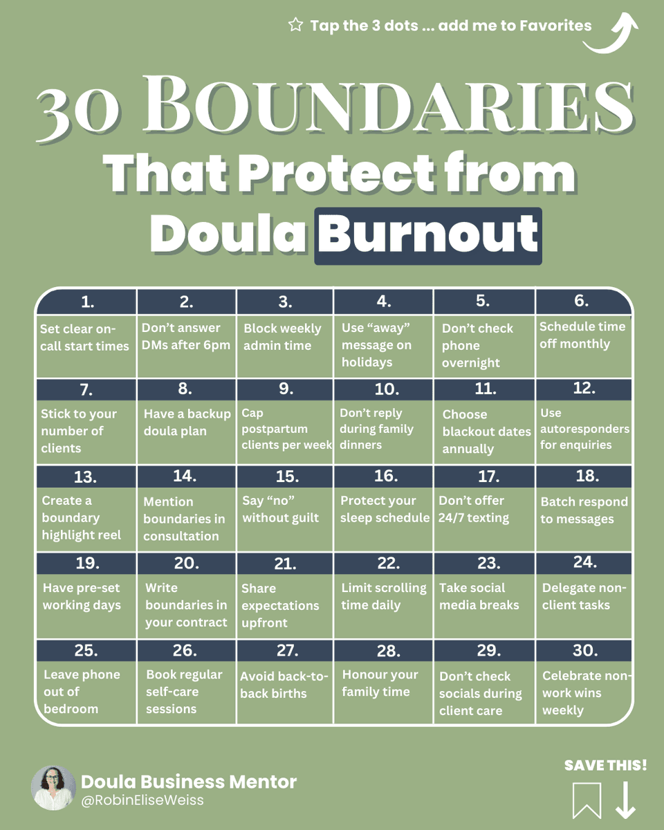 RobinPregnancy's tweet photo. Hot take: boundaries aren’t selfish.
They’re professional.

Every #doula needs this list 👇
(save it + tag your doula friend) https://t.co/khm3jeXggL