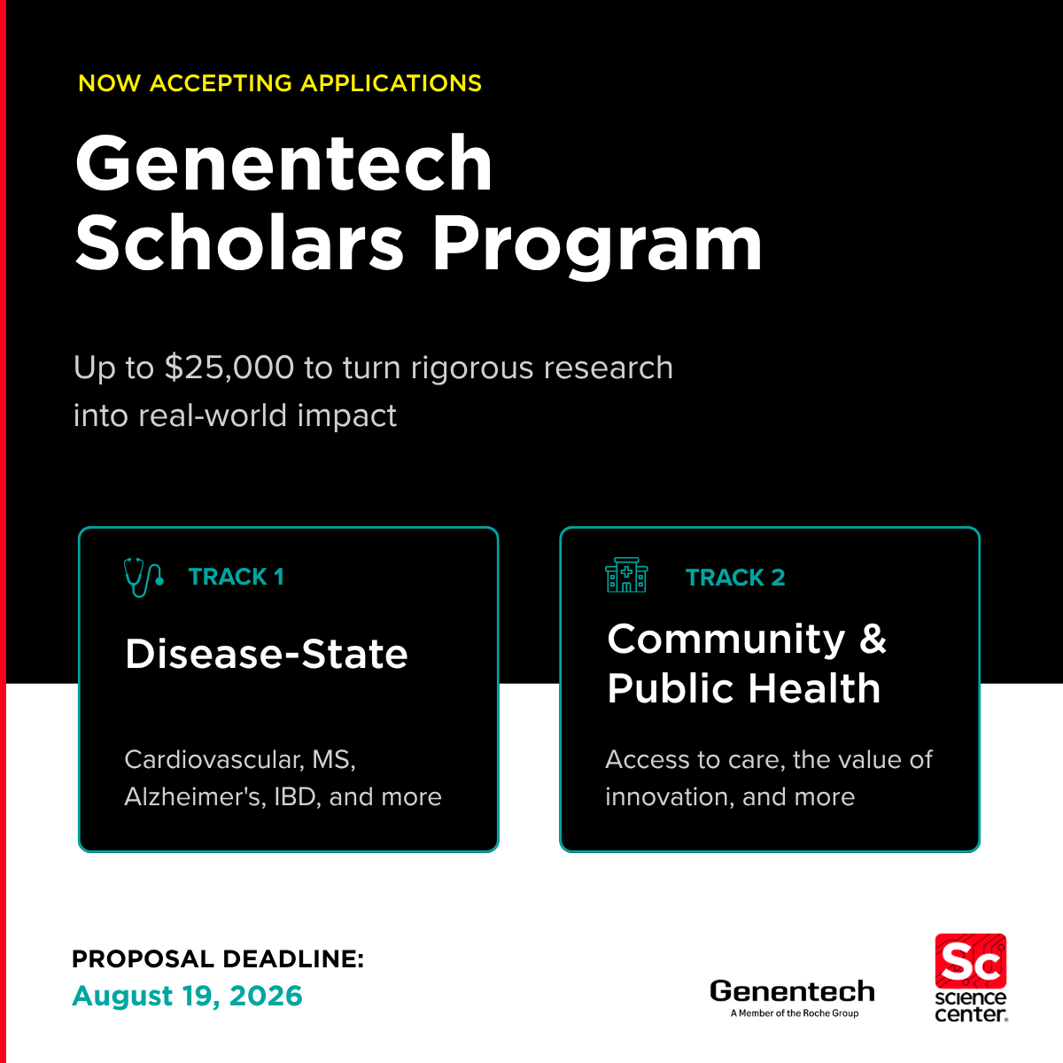 UCScienceCenter's tweet photo. Get evidence into the rooms where policy, coverage, and care-delivery decisions get made.

The @genentech Scholars Program is funding publication-ready health research that can inform clinical practice, policy, &amp; patient care.

Proposal Deadline: Aug 19
https://t.co/ulcjlCUNok https://t.co/t6k3w9orFX