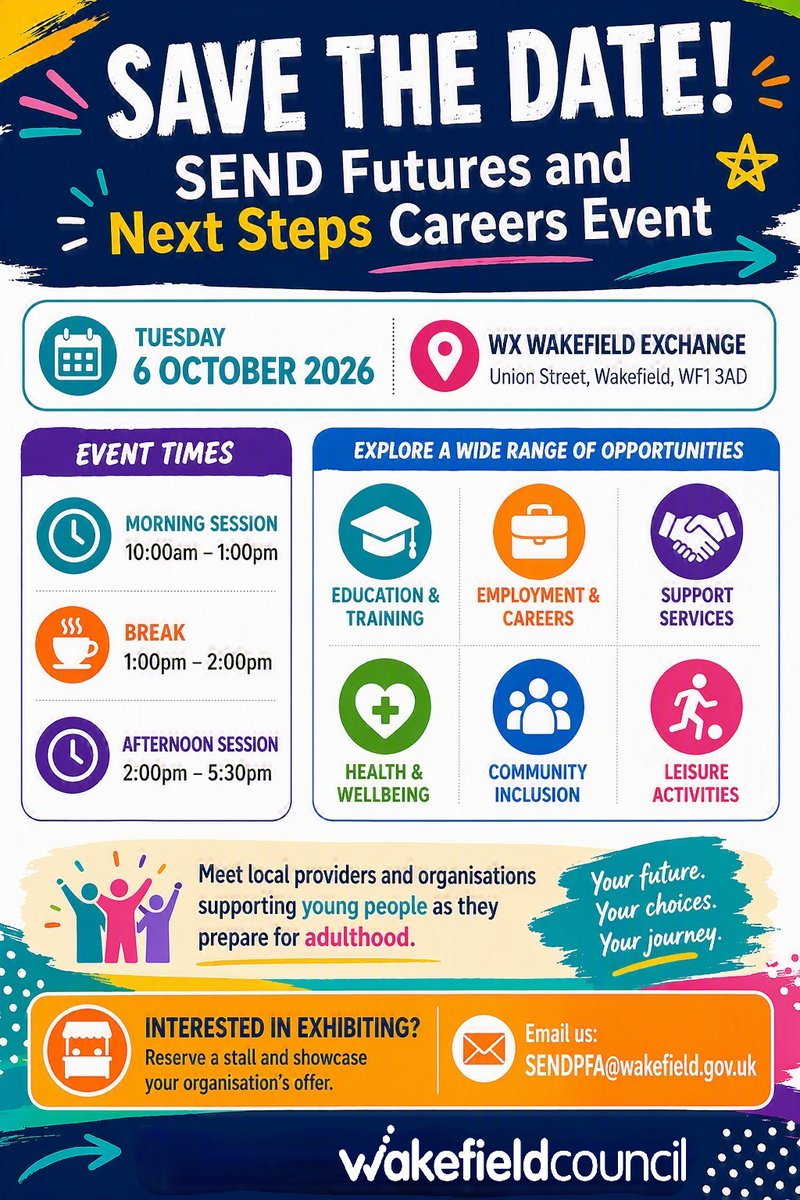 CroftonAcademy's tweet photo. π
Save the Date!
Young people, parents/carers are invited to the SEND Futures and Next Steps Careers Event on Tuesday 6 October 2026 at WX Wakefield Exchange.
Detailsπ
#SEND #NextSteps #Careers #Wakefield #PreparingForAdulthood https://t.co/nqjDcBVch6