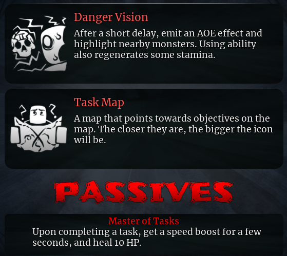 PillarChase_2's tweet photo. Taskmaster abilities and passive.
(HP and stamina are both default/100.) https://t.co/ZTJiYLnl3R