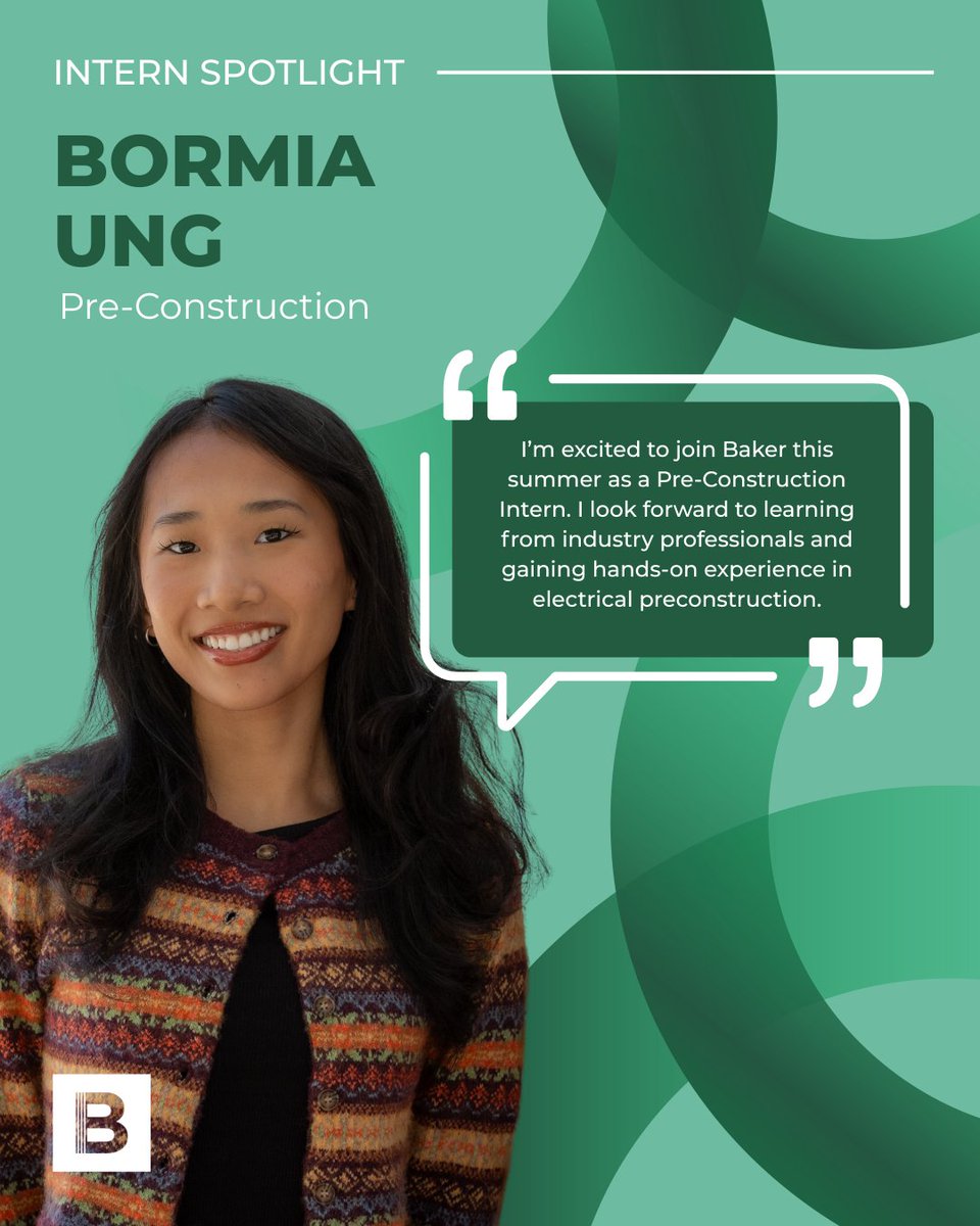 Baker_Electric's tweet photo. We’re proud to spotlight one of our Pre-Construction Interns this summer, Bormia Ung! A rising senior at San Diego State University studying Construction Engineering, she is gaining valuable hands-on experience in electrical preconstruction while learning from our expert team. https://t.co/tiUDJYVmNz