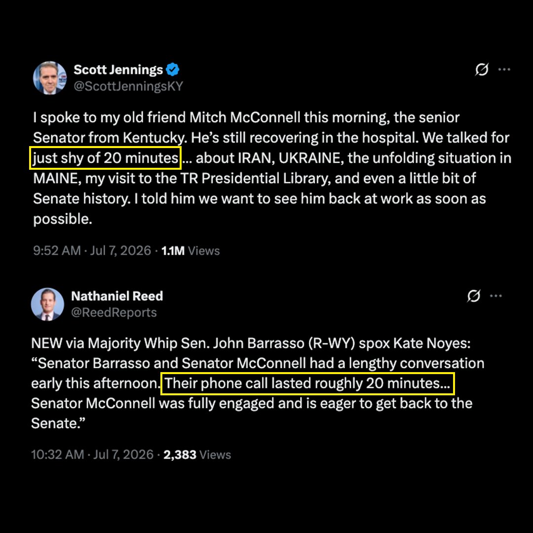 MeidasTouch's tweet photo. The individuals releasing statements saying they spoke with McConnell all say they spoke with him for about 20 minutes: https://t.co/r9KzKImEX9