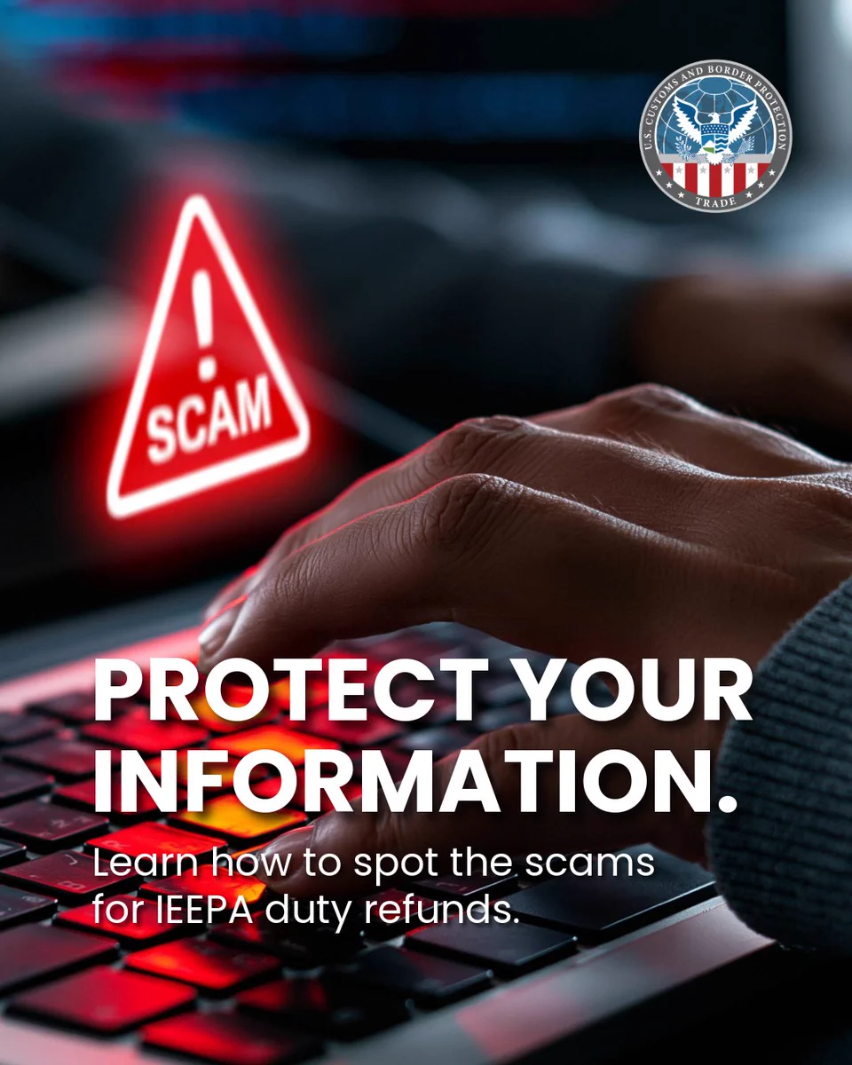 Close-up of hands typing on a laptop keyboard with a red warning triangle labeled 'SCAM' and text urging protection against IEEPA duty refund scams.