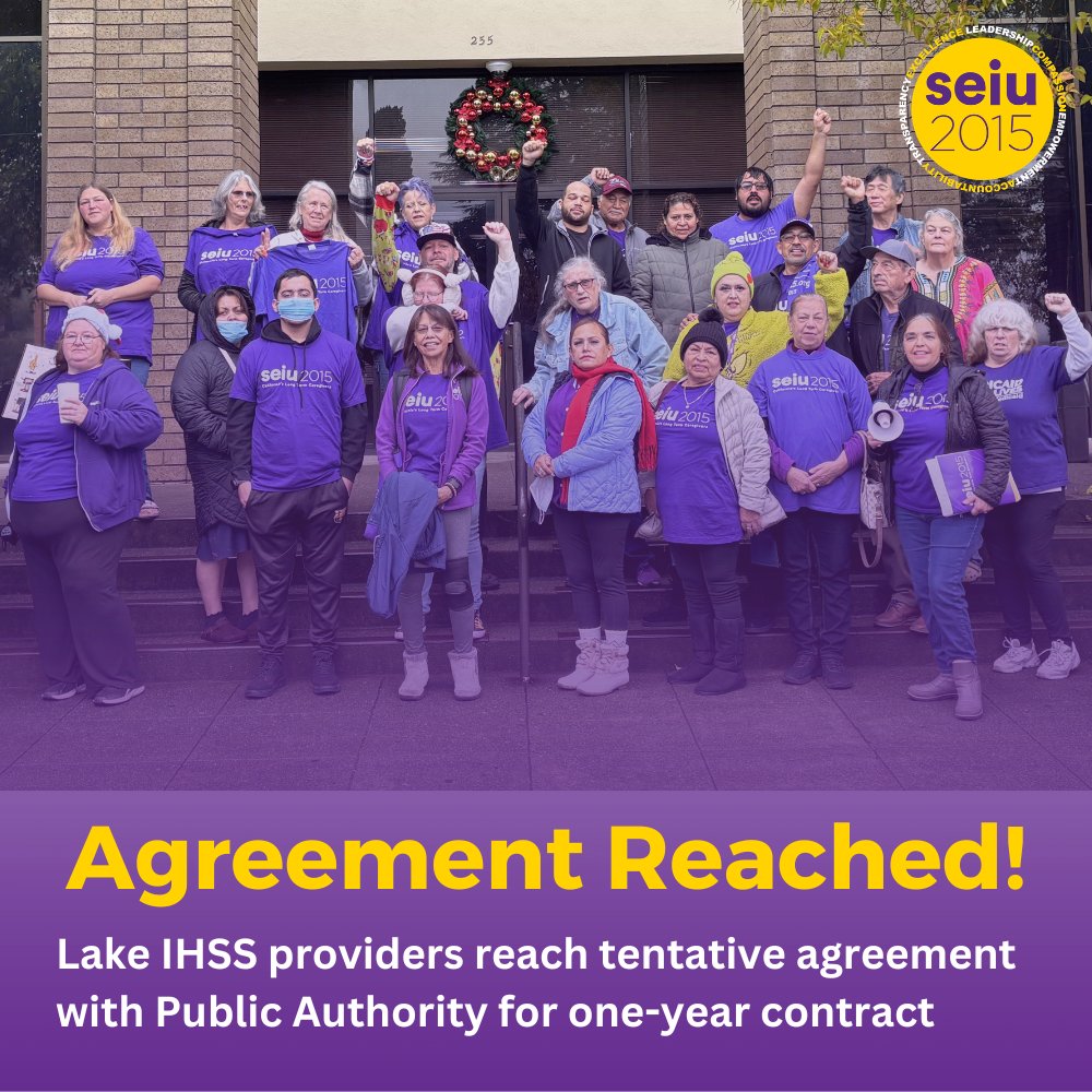 SEIU2015's tweet photo. 🎉Great news for Lake County home care providers!

After nearly a year at the bargaining table, IHSS workers have secured a tentative agreement for a new union contract that includes raises and additional funding for union activities. Members in Lake County can vote on this one-year contract in person at Middletown Library this Friday, July 10, from 2pm to 6pm.  To vote online and see more details on the new Lake IHSS contract, see the next tweet!