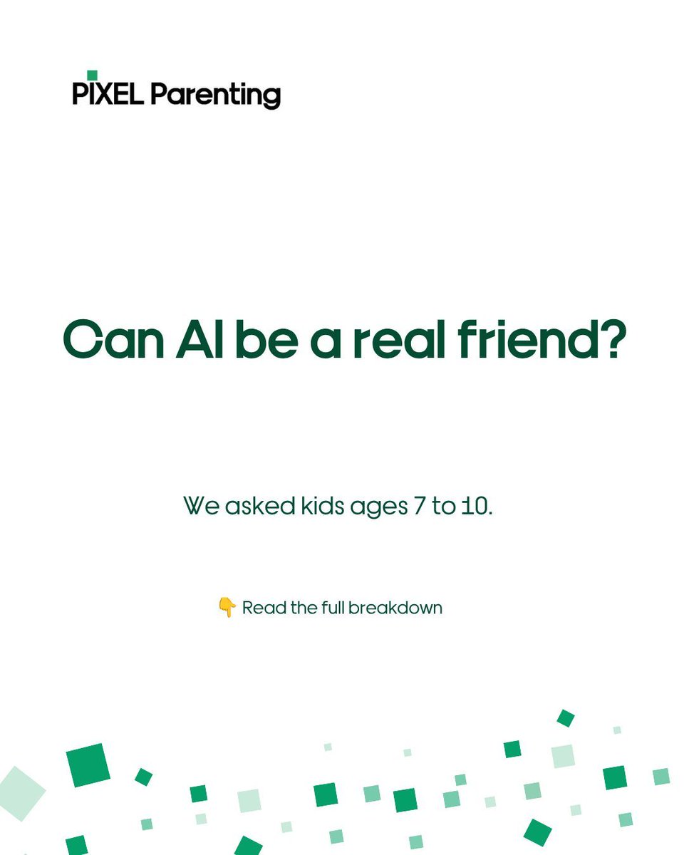 pixel_parenting's tweet photo. Can AI be a real friend?
We asked kids ages 7 to 10.
One answered: "A friend that tries to correct you. Because then you'll never learn if it just goes along with it."
Same kid on Siri: "Utility seemed like Siri's friendship line. Just utility."
🎧 Pixel Parenting episode with Dr. Iris Oved (Paradox Lab) and 7-to-10-year-olds: https://t.co/ftdFvX2VKD