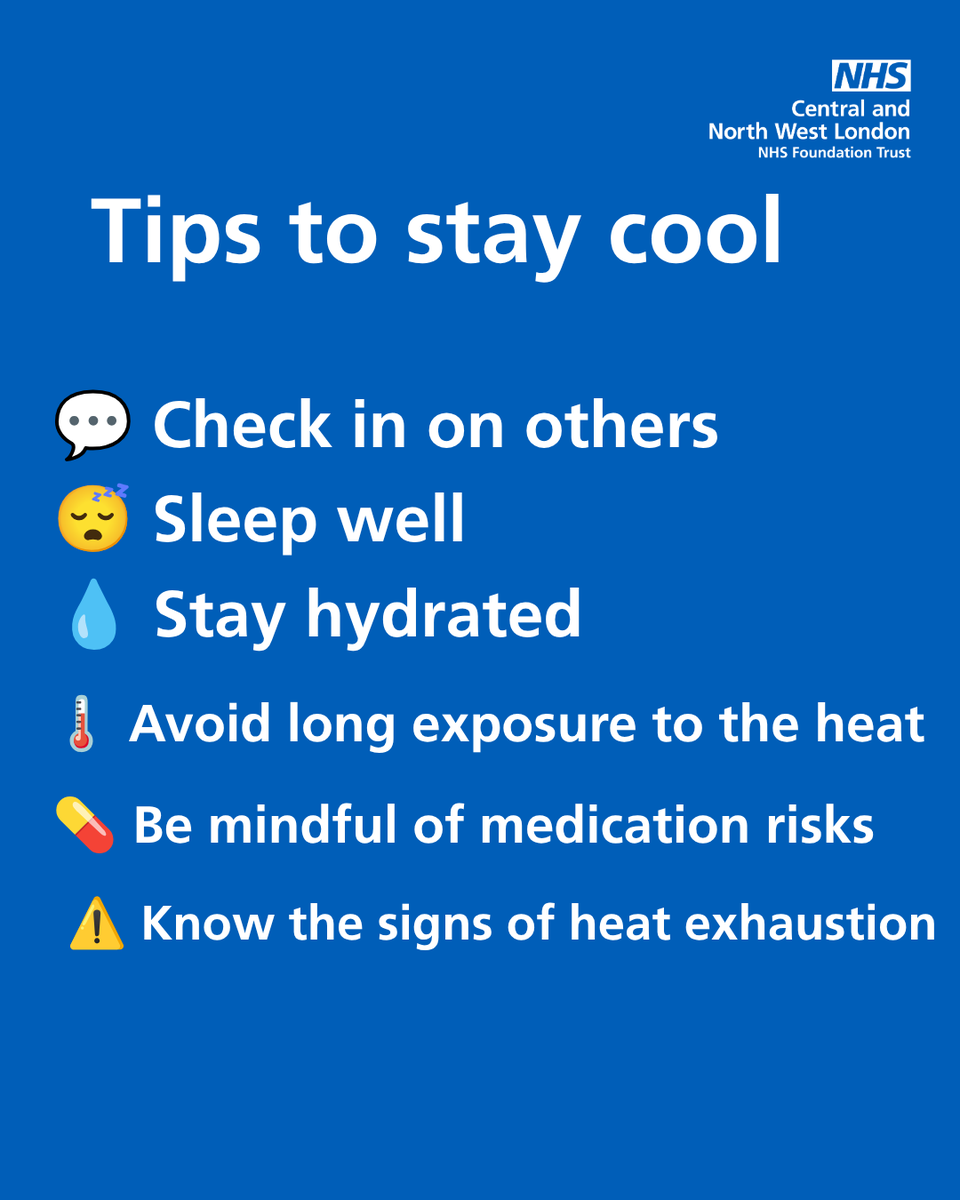 CNWLNHS's tweet photo. Hot weather can affect our mental health as well as our physical health.

During periods of heat, remember to stay hydrated, keep cool where possible, look out for changes in your wellbeing and check in on those who may be more vulnerable.

Take care of yourself and others. https://t.co/p07k3g8hND