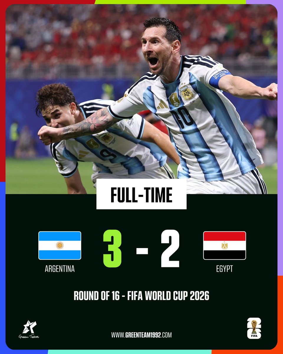 GreenTeam1992's tweet photo. Argentina was 2-0 down until the 78th minute of the game, but they made a defending champion's comeback to score three goals in 13 minutes.

​Argentina will face the winner of Switzerland vs. Colombia in the Quarter-Finals.

​#FIFAWorldCup #Football #GreenTeam #OurGameOurPassion https://t.co/X7buwvs49M