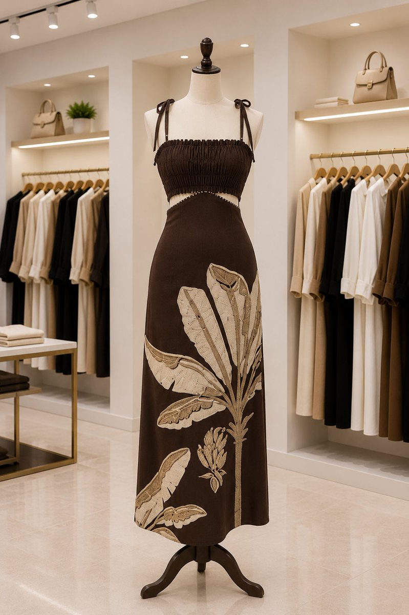 blessing76b's tweet photo. Elegant leaf embroidered brown dress. https://t.co/3guMAB3tW8