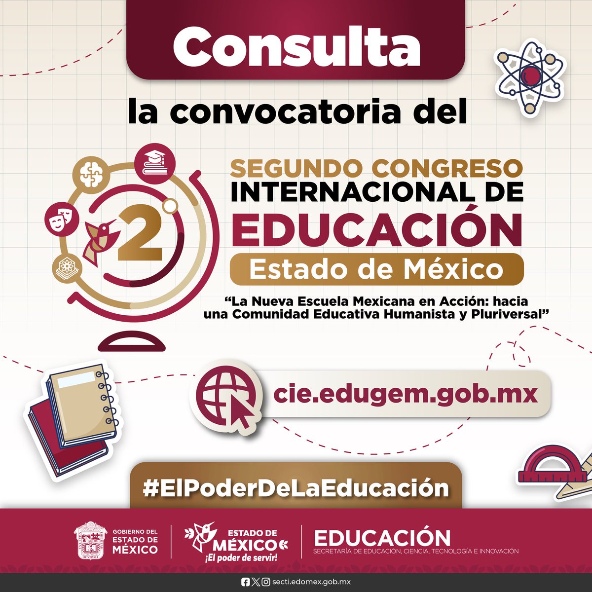 SeducEdoMex's tweet photo. 🎓 Súmate al Segundo Congreso Internacional de Educación, bajo el lema "La Nueva Escuela Mexicana en Acción: hacia una Comunidad Educativa Humanista y Pluriversal".

📍Consulta la convocatoria en: https://t.co/fVCG6J1bym

#ElPoderDeLaEducación 
#EducaciónQueTransforma https://t.co/gPrU2nCwZW