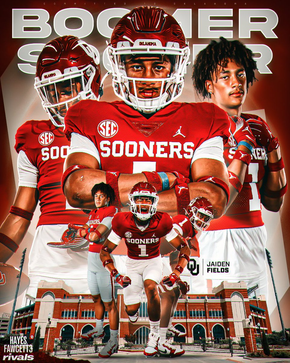 Hayesfawcett3's tweet photo. BREAKING: Class of 2027 ATH Jaiden Fields has Committed to Oklahoma, he tells me for @Rivals

The 6’2 200 ATH chose the Sooners over Texas A&amp;M, Stanford, SMU, and TCU

“Small actions, repeated consistently, create results that once seemed impossible.”

https://t.co/r2F4jGwGJj https://t.co/AkoY1SbtHT