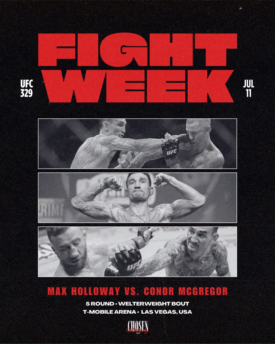 chosenadvisory's tweet photo. Fight week is finally here! Max โBlessedโ Holloway has touched down in Las Vegas and is ready to even the score against Conor McGregor at UFC 329 this Saturday. #ChosenFew https://t.co/UlFW7EVS0I