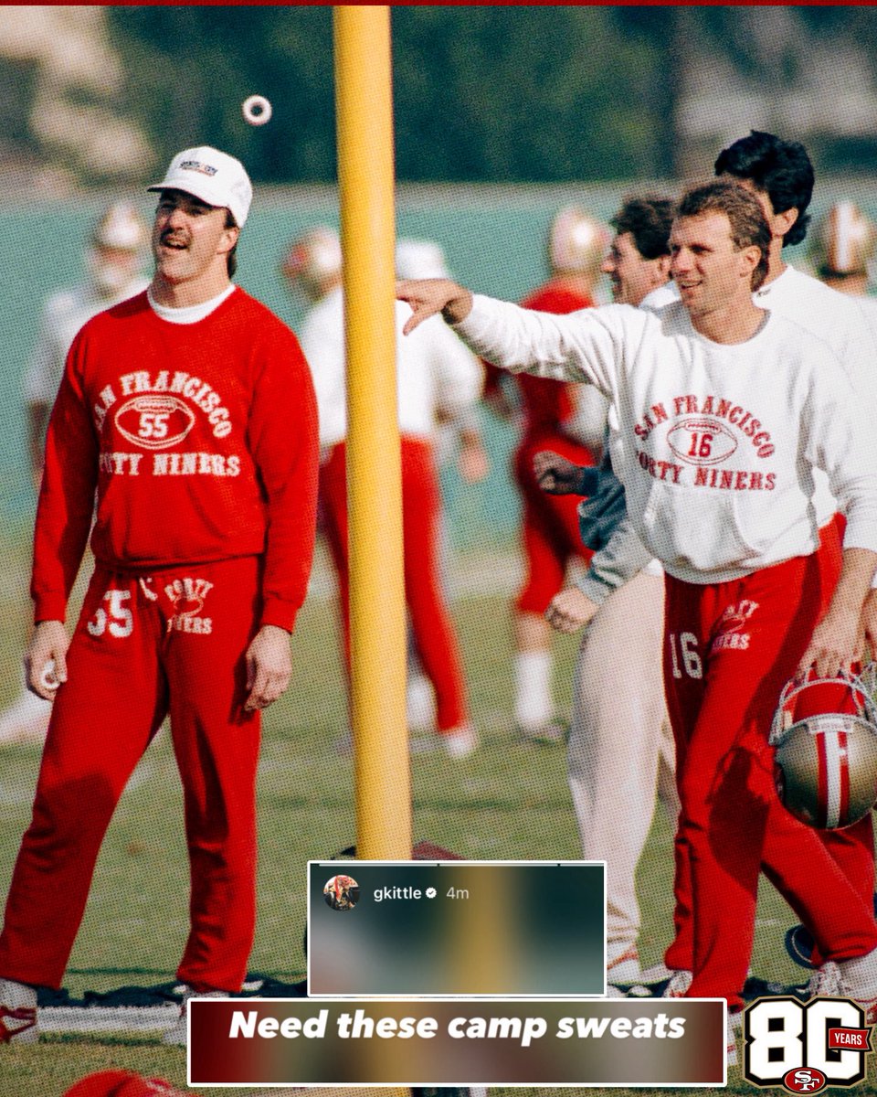 OurSf49ers's tweet photo. #49ers George Kittle wants the throwback Niner training camp sweats back 😮‍💨 https://t.co/6ZaaTtaptC