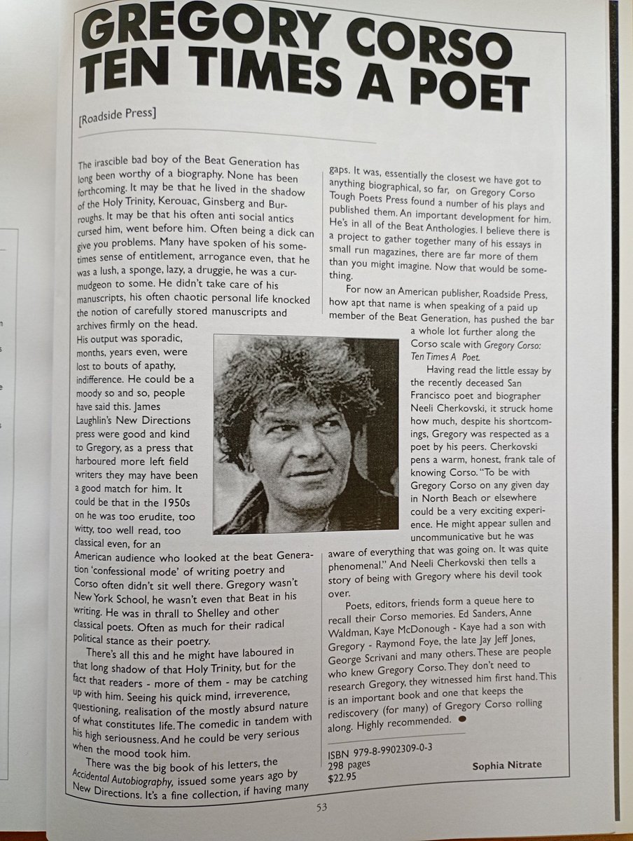 LeonHorton17's tweet photo. I missed this Beat Scene review of "Gregory Corso: Ten Times a Poet" by Sophia Nitrate when it first came out. Found it today in the University of Manchester library. #gregorycorso #thebeatgeneration #beatpoet https://t.co/ZGmsn6CW6m