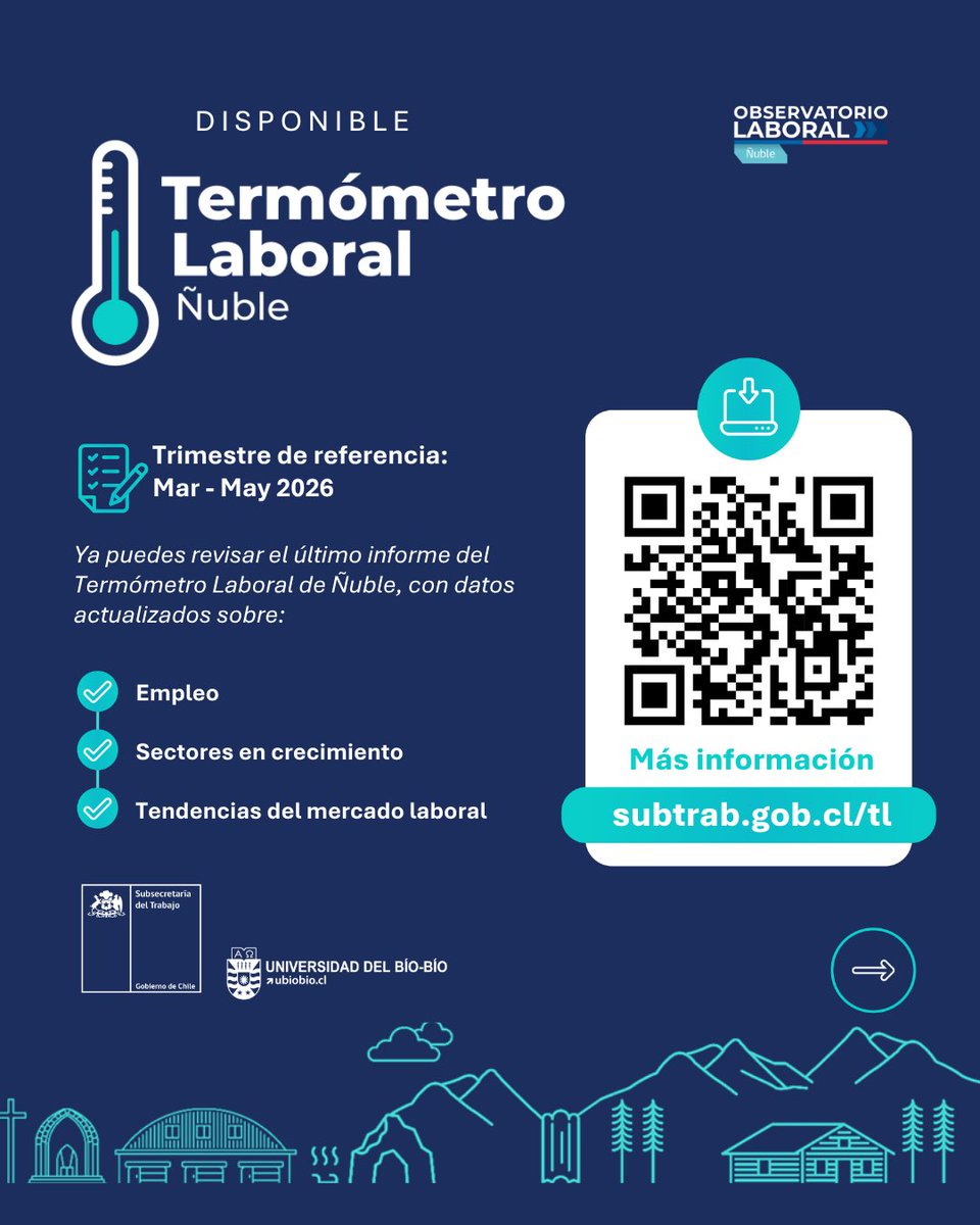 olnuble's tweet photo. Ya está disponible el Termómetro Laboral de Ñuble Agosto 2026
Trimestre marzo - Mayo 
👉 Más información en: https://t.co/73Kjq6XVsg https://t.co/iiikirZnpP