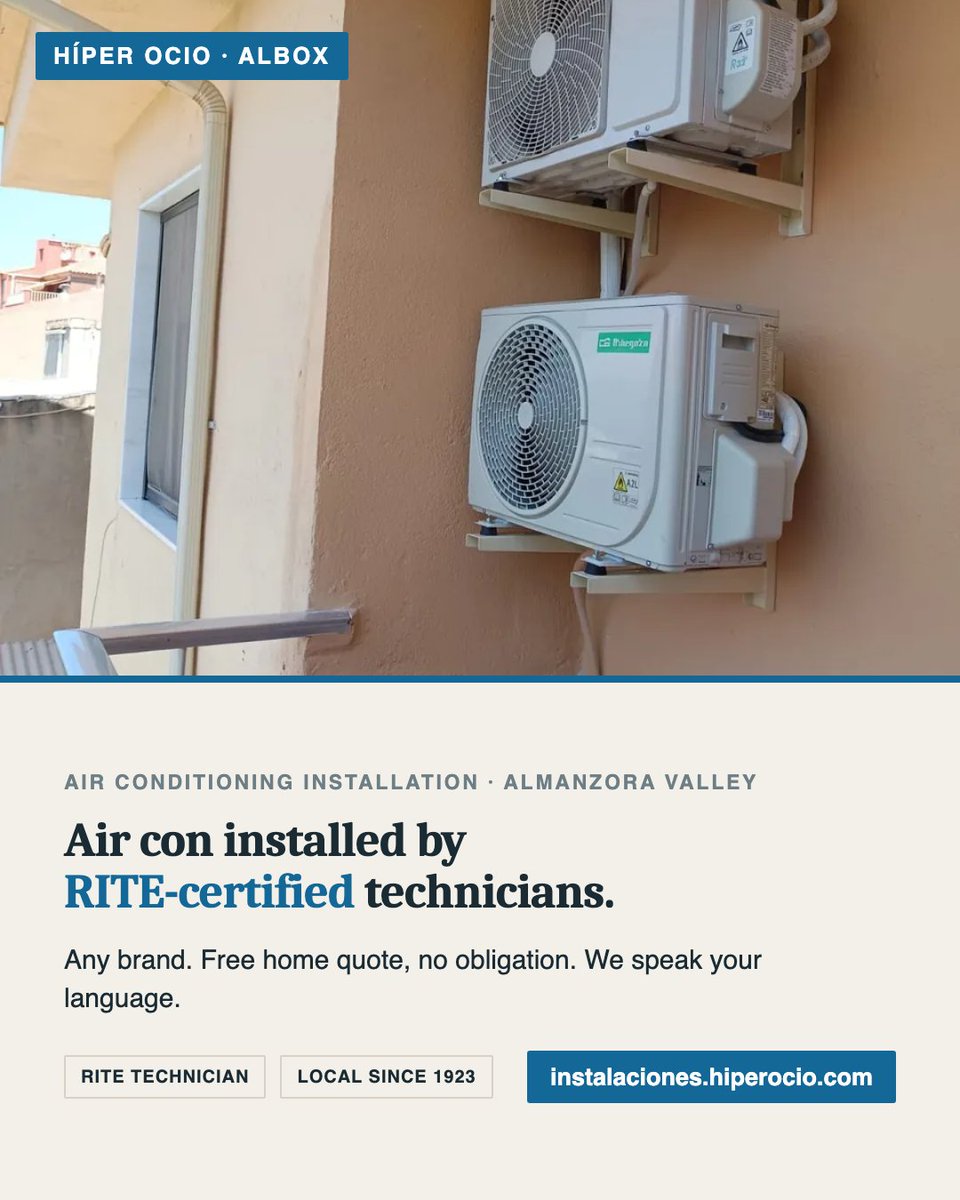 hiperocio's tweet photo. ❄️ Air conditioning this summer? We install it across the Almanzora Valley: RITE-certified technician, any brand, free home quote, 3-year warranty. A local family business since 1923 — we speak English 👉 https://t.co/LgagCltcPy https://t.co/KfgCez03UJ