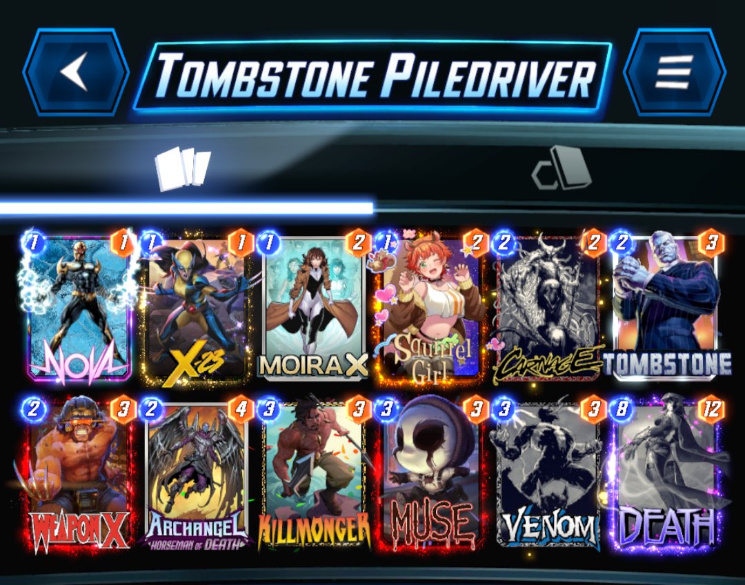 moredoombots's tweet photo. I felt a Muse/Weapon X style with Tombstone would be appropriate so I'm trying this deck out. Let me know what you think. I may swap Archangel for Shawna. May need more targets. https://t.co/AbG43LGJBQ